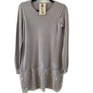 Women's Gray Cashmere Blend Lace Tunic Sweater Shimmer Rhinestones Size Medium